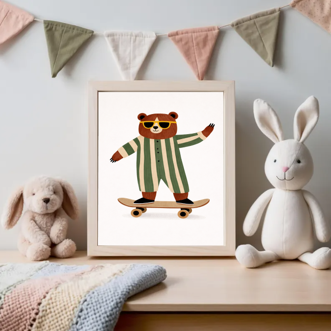 Skateboarding Bear Wall Art Print, Cute Animal Nursery Decor, Playful Kids Room Illustration, Modern Scandinavian Children’s Art, Printable Digital Download