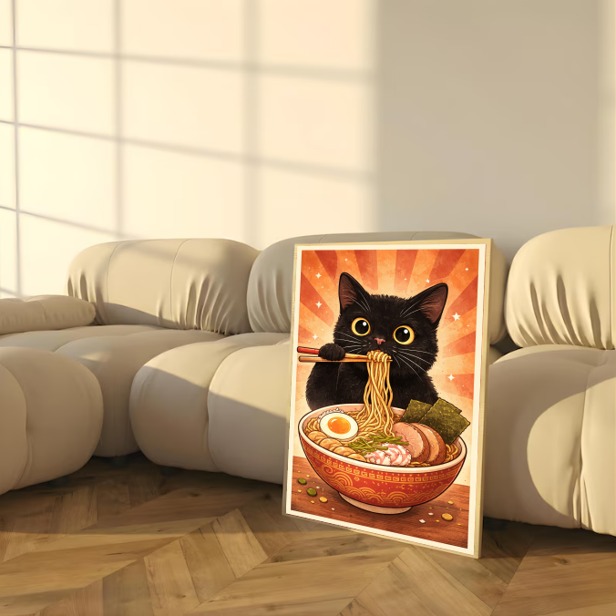 Kawaii Ramen Cat Art Print – Cute Black Cat Wall Decor, Anime Kitchen Poster, Whimsical Food Illustration