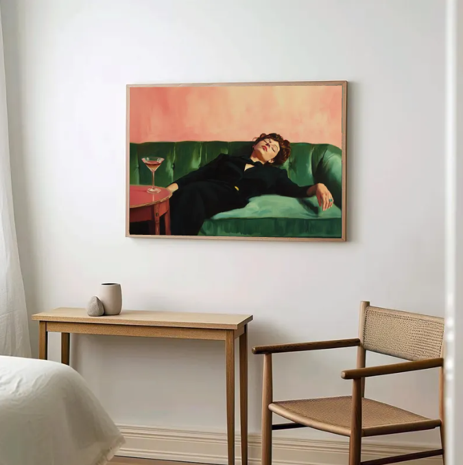 Vintage Luxe Woman on Velvet Sofa — Cinematic Retro Art Print