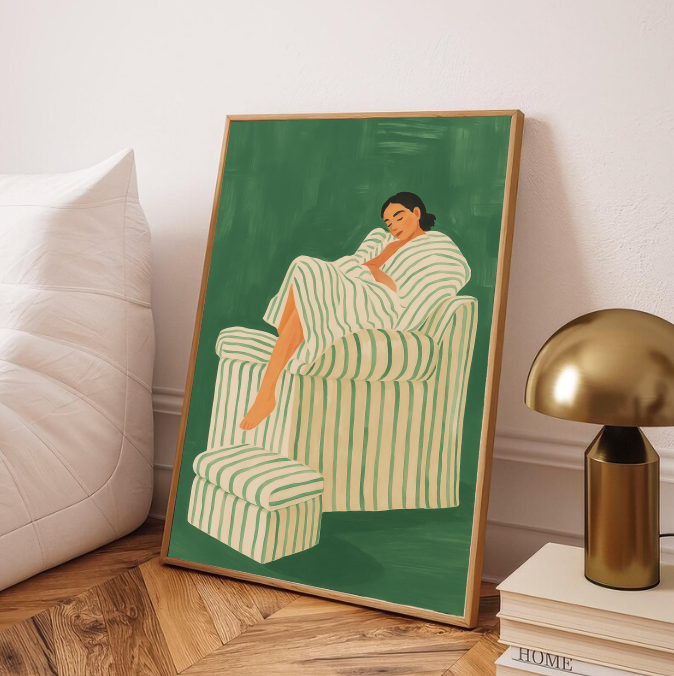 Comfort Chair Art Print – Neutral Relaxing Woman Artwork, Modern Interior Wall Art