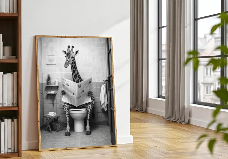 Funny Giraffe Bathroom Wall Art | Reading Newspaper Humor