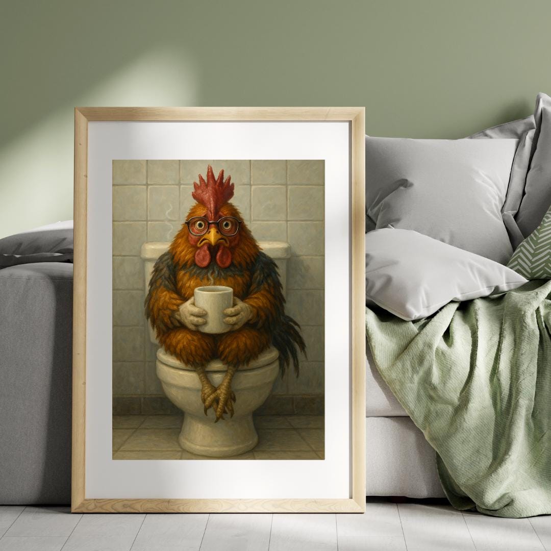 Funny Rooster Bathroom Print: Chicken on Toilet with Coffee (Digital Download)
