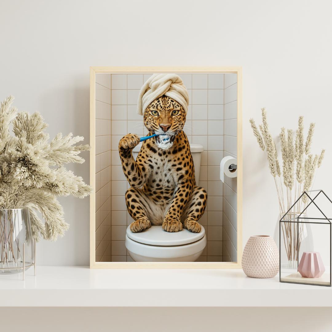 Funny Leopard Bathroom Print: Wild Cat Brushing Teeth (Digital Download)
