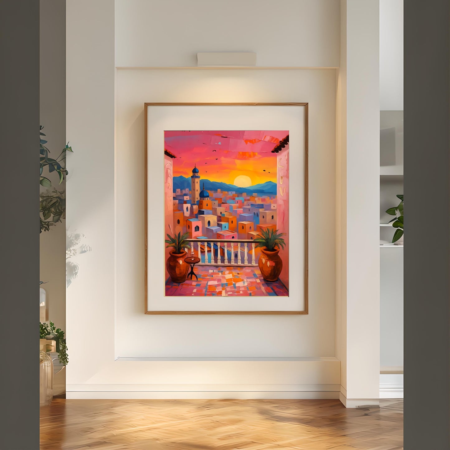 Moroccan Sunset Balcony View Print: Boho Mediterranean Wall Art (Digital Download)