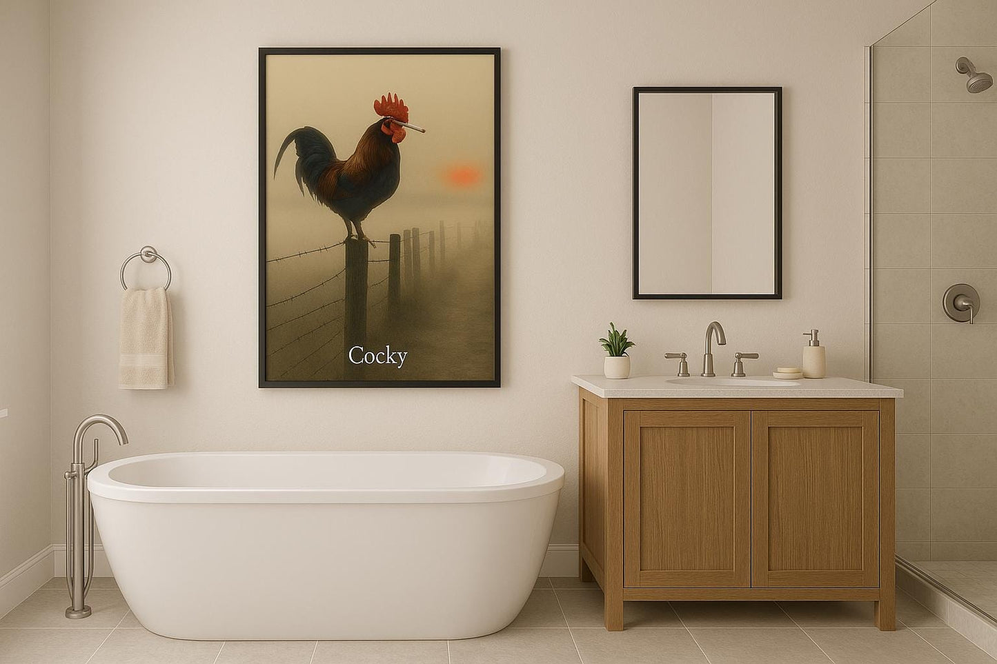 Funny Rooster Wall Art – Smoking Rooster ‘Cocky’ Print, Rustic Farmhouse Animal Décor, Gag Gift for Him, Barnyard Attitude Art, Edgy Poster