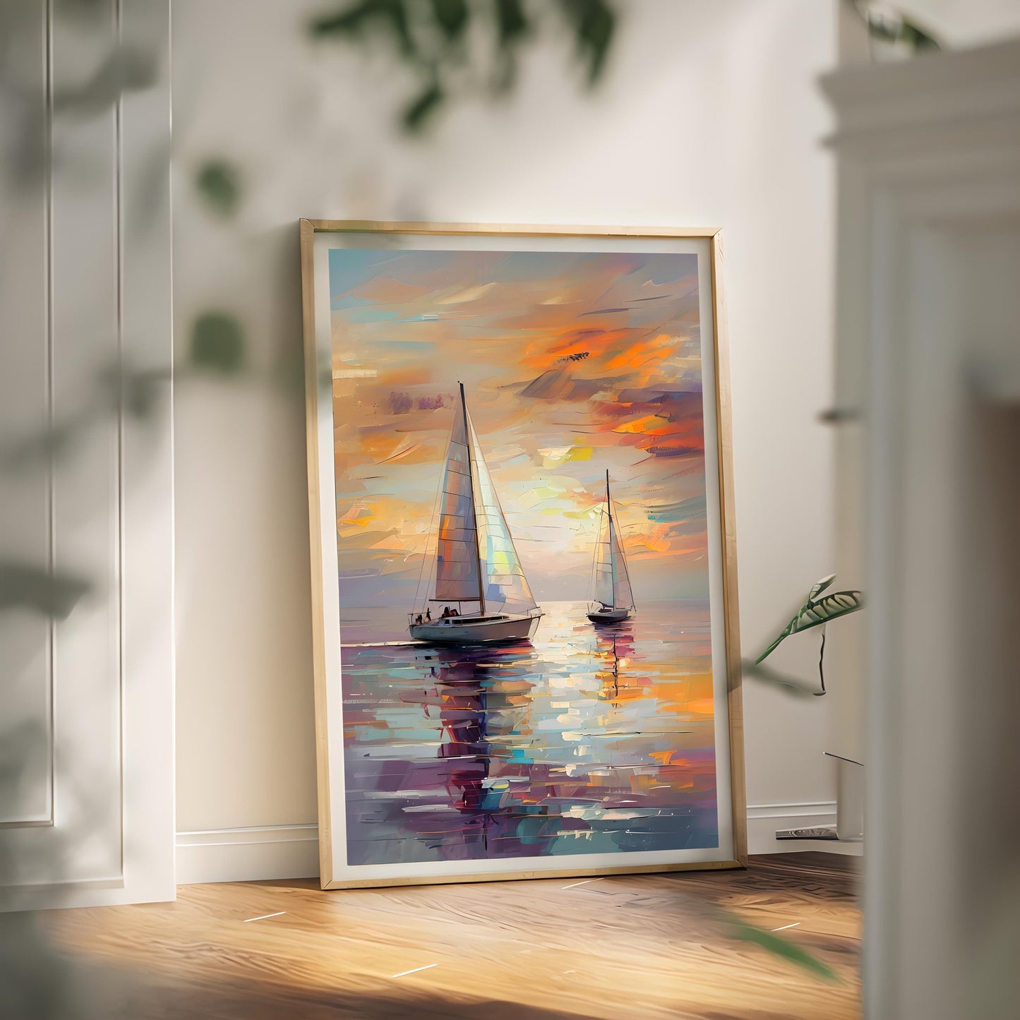 Abstract Sailboat Sunset Print: Modern Coastal Wall Art (Digital Download)