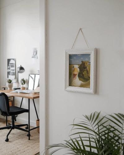 Funny Duck Selfie Print: Leopard Chase, Quirky Animal Meme (Digital Download