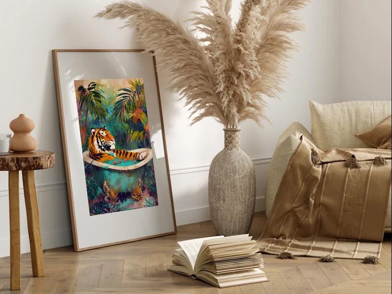 Funny Tiger in Bathtub Jungle Print: Boho Bathroom Art (Digital Download