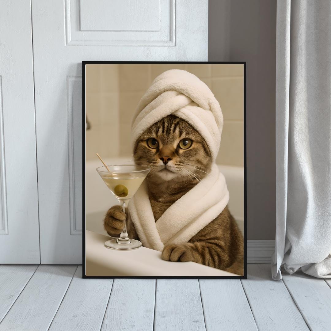 Funny Cat Martini Print: Quirky Bathroom Wall Art (Digital Download))