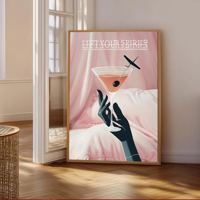 Lift Your Spirits Cocktail Wall Art – Glamorous Martini Print, Pink Aesthetic Bar Décor, Modern Feminine Art for Bedroom or Lounge, Dopamine