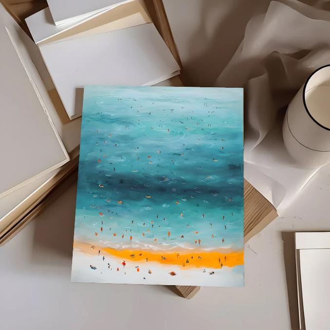 Aerial Beach Scene Print: Coastal Watercolor Art (Digital Download)