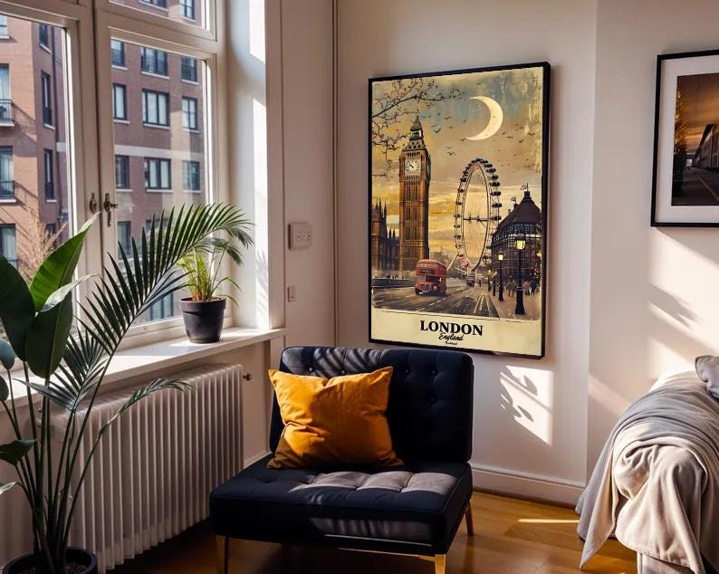 Vintage London Travel Poster: Big Ben, London Eye, Red Bus (Digital Download)