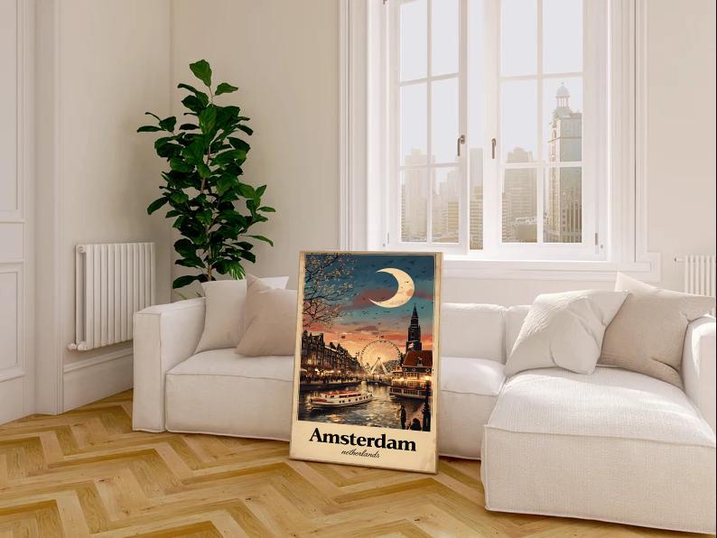 Vintage Amsterdam Travel Poster: Dutch Canal Cityscape Art Print (Digital Download)