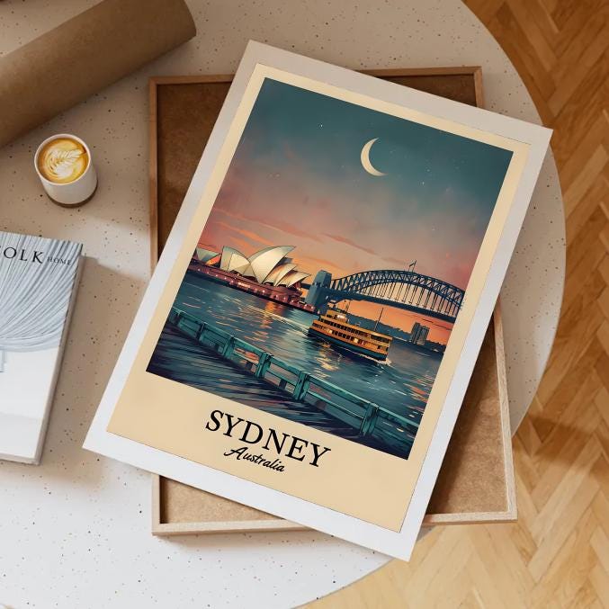 Vintage Sydney Australia Print: Opera House & Harbour Bridge (Digital Download)