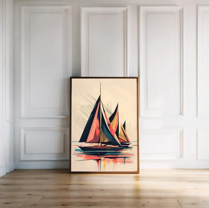 Abstract Sailboat Art Print: Modern Coastal Geometric Design (Digital Download)