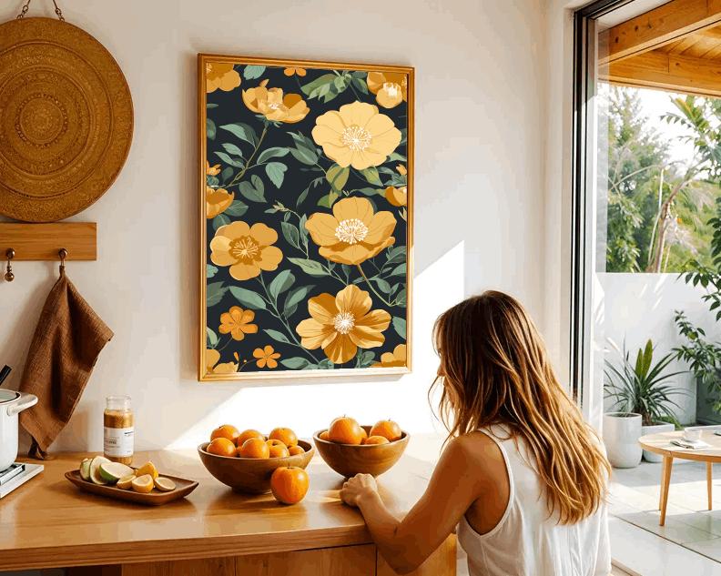 Yellow Floral Wall Art: Bold Botanical Print, Dark Background (Digital Download)