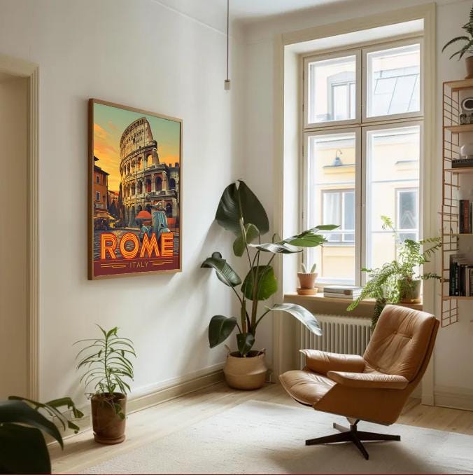 Vintage Rome Print: Colosseum & Vespa, Italian Travel Poster (Digital Download)