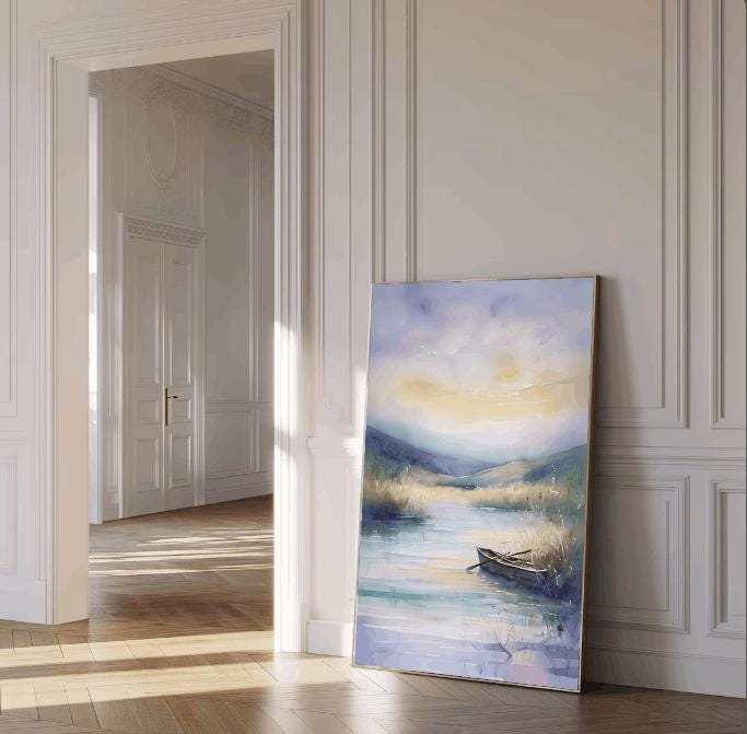 Watercolor Lake Landscape Art: Peaceful Boat Painting (Digital Download)