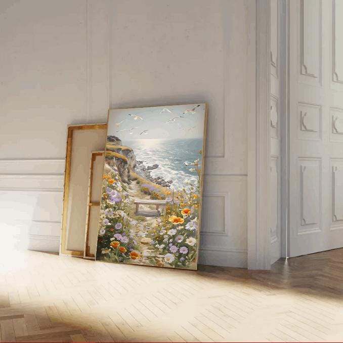 Coastal Wildflower Path Print: Seaside Seagull Landscape (Digital Download)