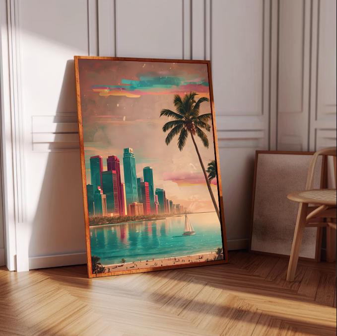 Miami Beach Print: Retro Tropical Skyline, Palm Tree Sunset (Digital Download)
