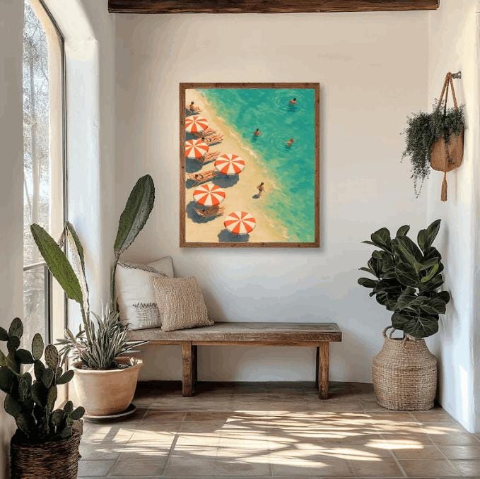 Retro Beach Umbrella Print: Mediterranean Coastal Art (Digital Download)