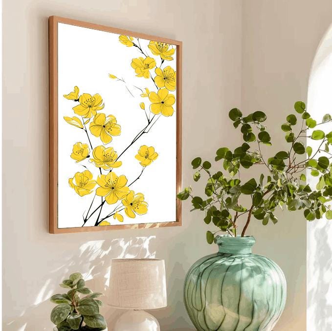 Yellow Flower Line Art Print: Minimalist Scandinavian Decor (Digital Download)