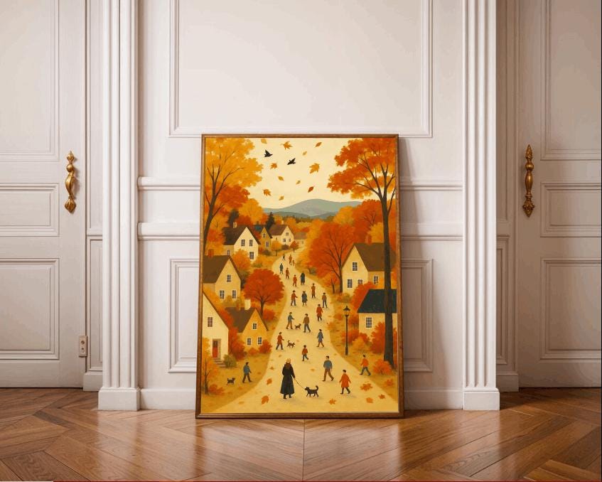 Autumn Village Landscape Print: Cozy Cottage, Farmhouse Wall Art (Digital Download)