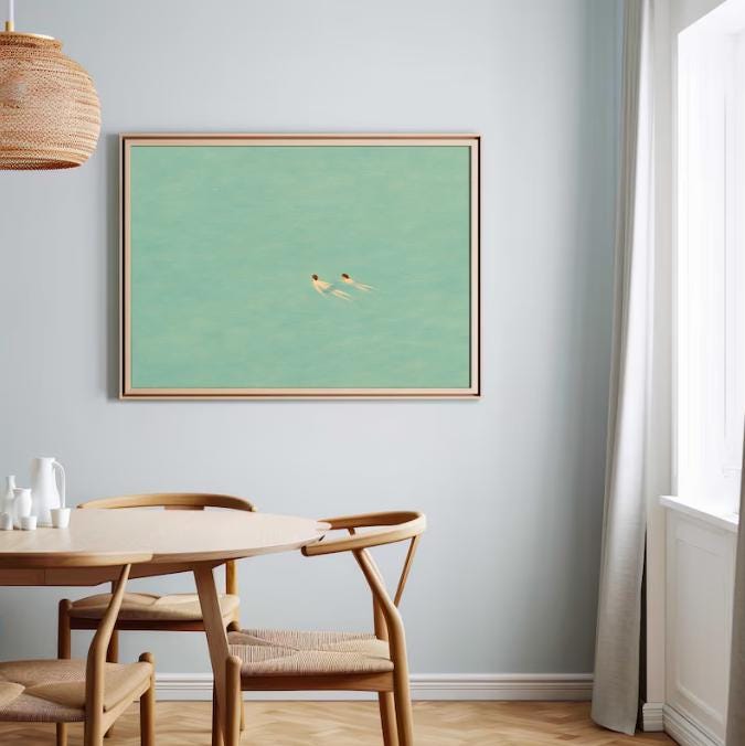 Minimalist Swimmers Art Print: Aqua Ocean Painting (Digital Download)