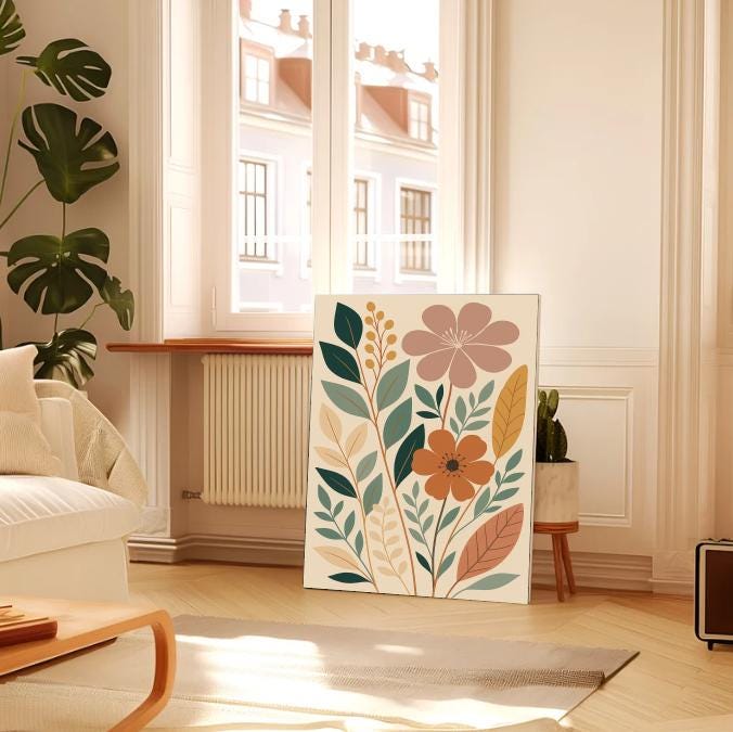 Boho Floral Wall Art Print: Mid Century Modern Botanical Decor (Digital Download)