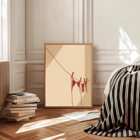 Minimal Clothesline Bikini Art Print | Red Swimsuit Line Drawing Wall Decor | Digital Download Instant Beach Aesthetic