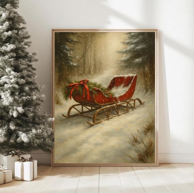 Vintage Red Sleigh Christmas Print | Rustic Winter Wall Art (Digital Download)