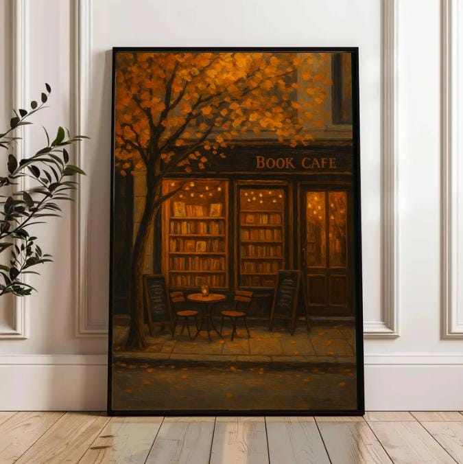 Autumn Book Cafe Print | Cozy Fall Street Scene (Digital Download)