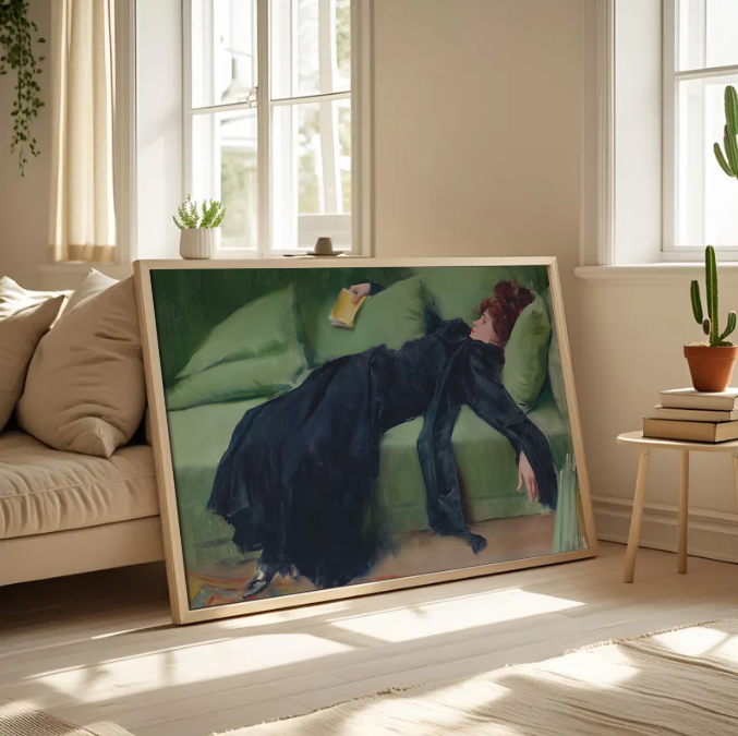 Moody Vintage Woman on Velvet Sofa — Elegant Literary Art Print