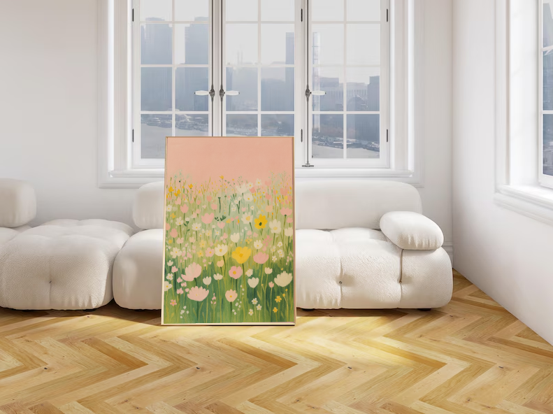Pastel Flower Field Art Print – Spring Botanical Wall Decor, Soft Nursery Floral Poster