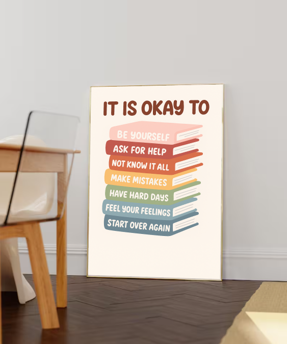 Stacked Books Affirmation Print – It’s Okay To Poster, Positive Kids Wall Art