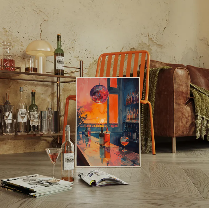 Sunset Disco Bar — Retro Nightlife, Neon Aesthetic, Cocktail Lounge Art