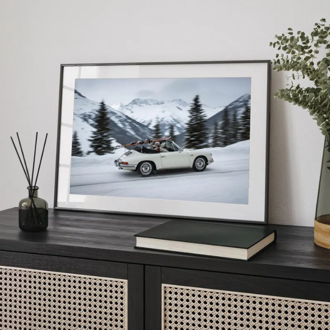 Vintage Porsche in the Snow — Winter Adventure Retro Car Wall Art Print