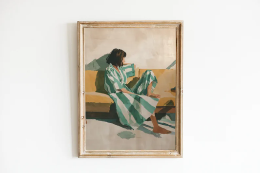 Quiet Afternoon — Modern Woman in Striped Dress Contemporary Wall Art