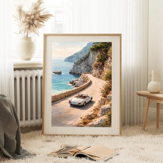 Amalfi Coast Road Trip Wall Art, Vintage Convertible by the Sea, Mediterranean Coastal Drive Print, Italian Summer Travel Decor, Printable Art