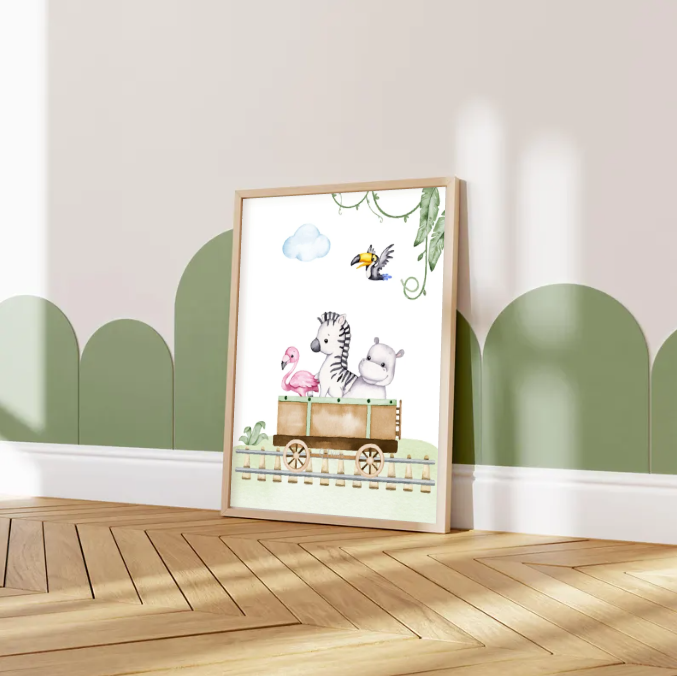 Safari Animal Train Nursery Wall Art — Cute Zebra, Hippo & Flamingo Printable, Jungle Baby Room Decor