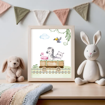 Safari Animal Train Nursery Wall Art — Cute Zebra, Hippo & Flamingo Printable, Jungle Baby Room Decor