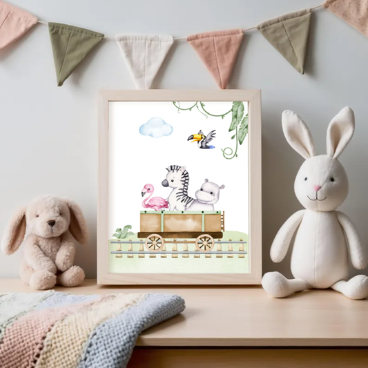 Safari Animal Train Nursery Wall Art — Cute Zebra, Hippo & Flamingo Printable, Jungle Baby Room Decor