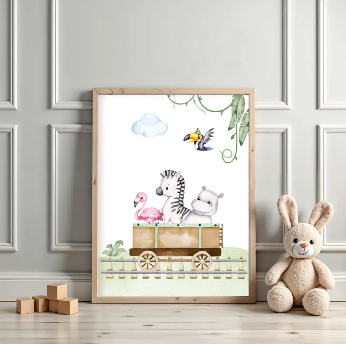 Safari Animal Train Nursery Wall Art — Cute Zebra, Hippo & Flamingo Printable, Jungle Baby Room Decor
