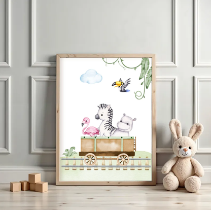 Safari Animal Train Nursery Wall Art — Cute Zebra, Hippo & Flamingo Printable, Jungle Baby Room Decor