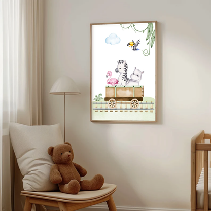 Safari Animal Train Nursery Wall Art — Cute Zebra, Hippo & Flamingo Printable, Jungle Baby Room Decor
