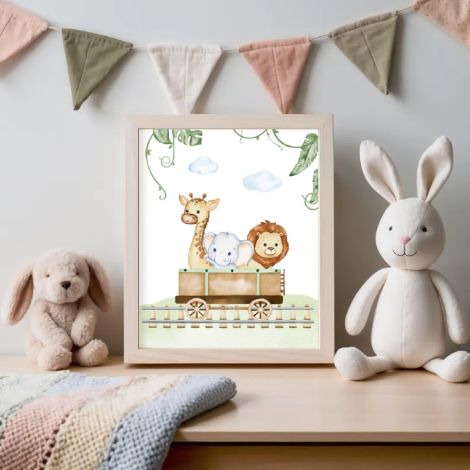 Safari Animal Nursery Wall Art — Cute Giraffe, Elephant & Lion Print, Jungle Baby Room Decor, Playroom Printable Poster
