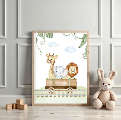 Safari Animal Nursery Wall Art — Cute Giraffe, Elephant & Lion Print, Jungle Baby Room Decor, Playroom Printable Poster