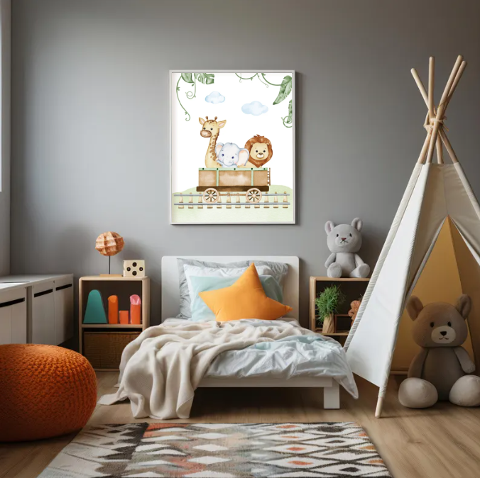 Safari Animal Nursery Wall Art — Cute Giraffe, Elephant & Lion Print, Jungle Baby Room Decor, Playroom Printable Poster