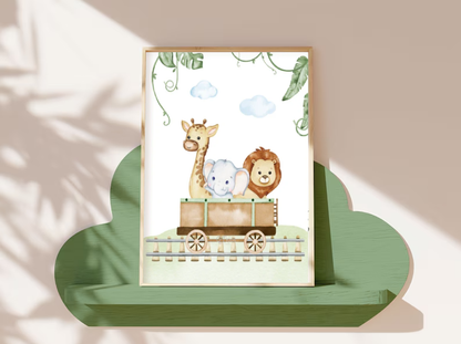 Safari Animal Nursery Wall Art — Cute Giraffe, Elephant & Lion Print, Jungle Baby Room Decor, Playroom Printable Poster