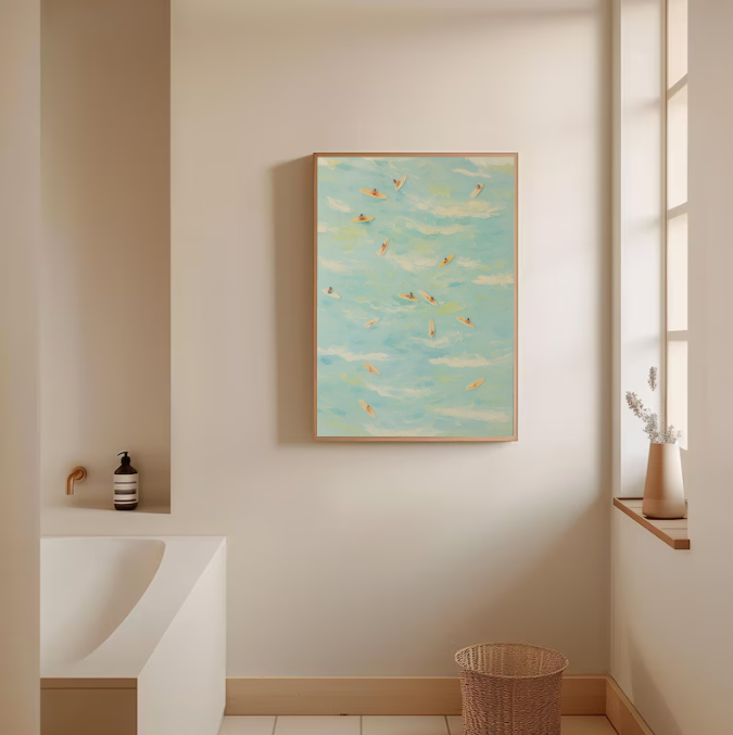 Beach Surf Painting – Aerial Ocean Art Print, Coastal Wall Decor